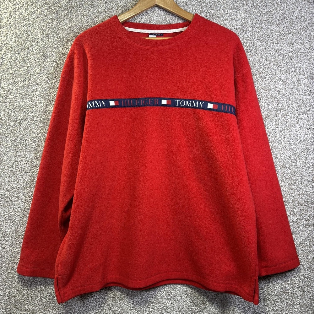Tommy Jeans Y2K Sweatshirt Mens Large Red Fleece Pullover Hilfiger Logo Crewneck